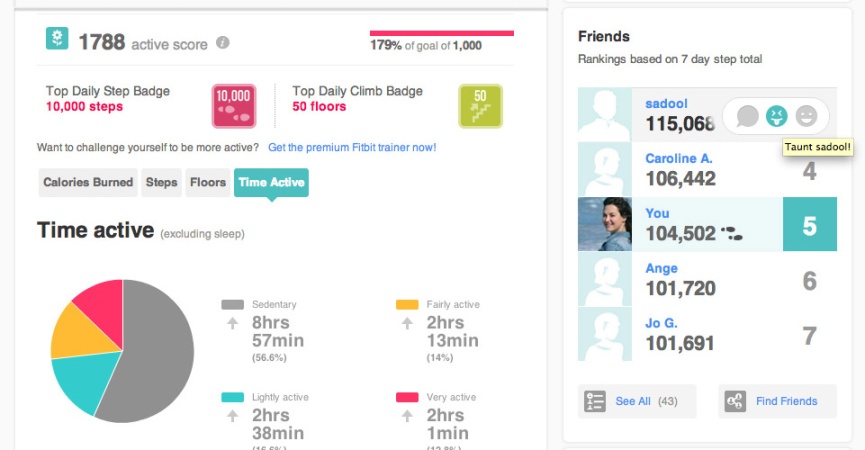 The Fitbit.com Dashboard shows me my activity levels of the day and allows me to easily see where my activity scores rank amongst my friends. I'm able to Taunt or Cheer friends easily by clicking an icon.